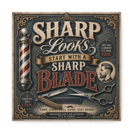"Sharp Looks Start With A Sharp Blade" Barber Canvas Wall Art - Vintage Barbershop Quote Sign, Razor Scissors Pole Illustration - Traditional Typography - Salon Wall Art Workspace Decor