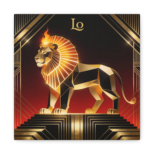 "Lo" Geometric Lion Canvas Wall Decor - Art Deco Gold Black Red Animal Print - Flaming Mane Illustration, Modern Luxe Interior Accent, Living Room Home Decoration - Living Room Wall Decor