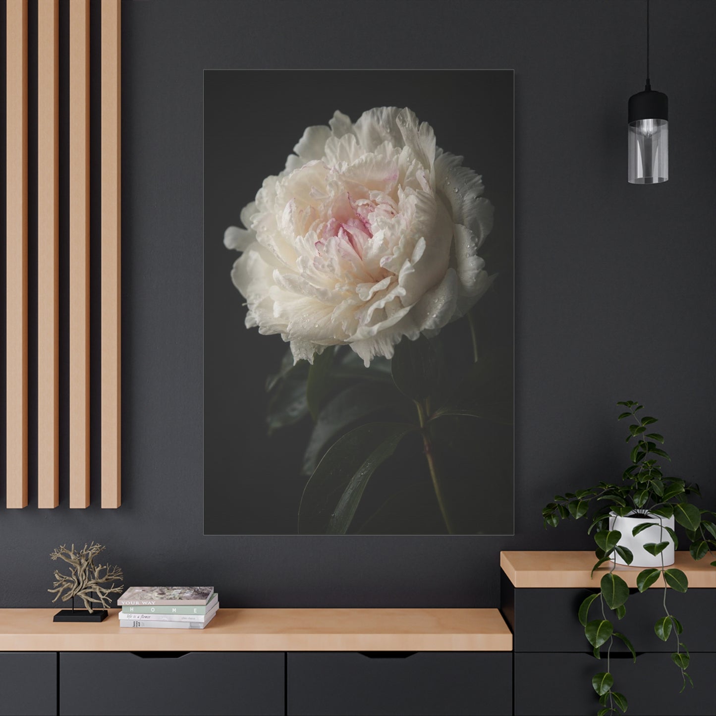 White Peony Canvas Wall Art - Floral Art Print, Soft Blush Petals On Black - Moody Botanical Decor, Matte Canvas Print - Bedroom Wall Decor, Living Room Accent, Bathroom Styling