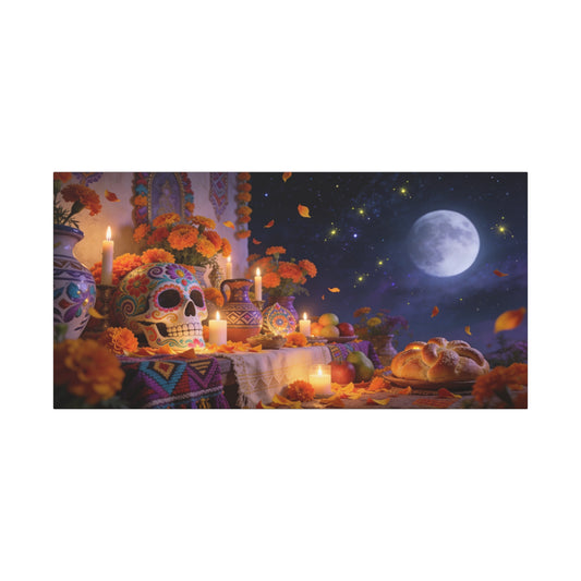 Day Of The Dead Altar Canvas Wall Art - Sugar Skull, Marigolds, Candles, Full Moon - Traditional Folk Style - Living Room Wall Decor, Dining Room Accent, Bedroom Home Decoration - Ready to Hang