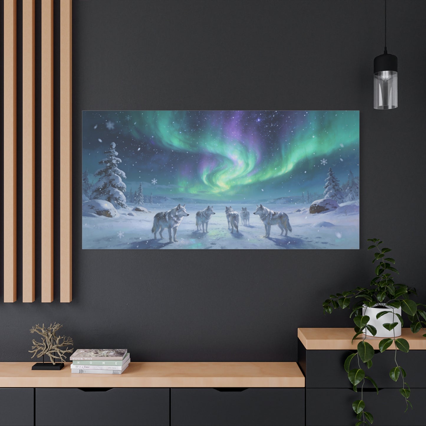 Arctic Wolf Pack Canvas Wall Art - Aurora Borealis Snowy Winter Landscape, Northern Lights Canvas Print, Blue Green Purple Sky, Living Room Wall Decor, Bedroom Home Decoration - Modern Farmhouse Style