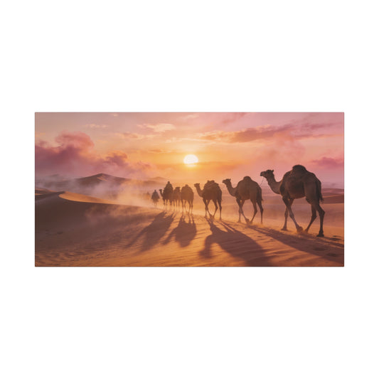 Desert Camel Caravan Canvas Wall Art - Sunset Sand Dunes, Golden Horizon, Matte Finish Canvas Print - Contemporary Landscape Style - Living Room Wall Decor, Bedroom Home Decoration - Ready to Hang