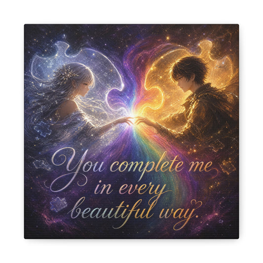 "You Complete Me In Every Beautiful Way" Romantic Couple Canvas Wall Art - Celestial Puzzle Soulmate Quote Print, Fantasy Love Decor - Bedroom Wall Hanging - Ready to Hang - Bedroom Home Decoration