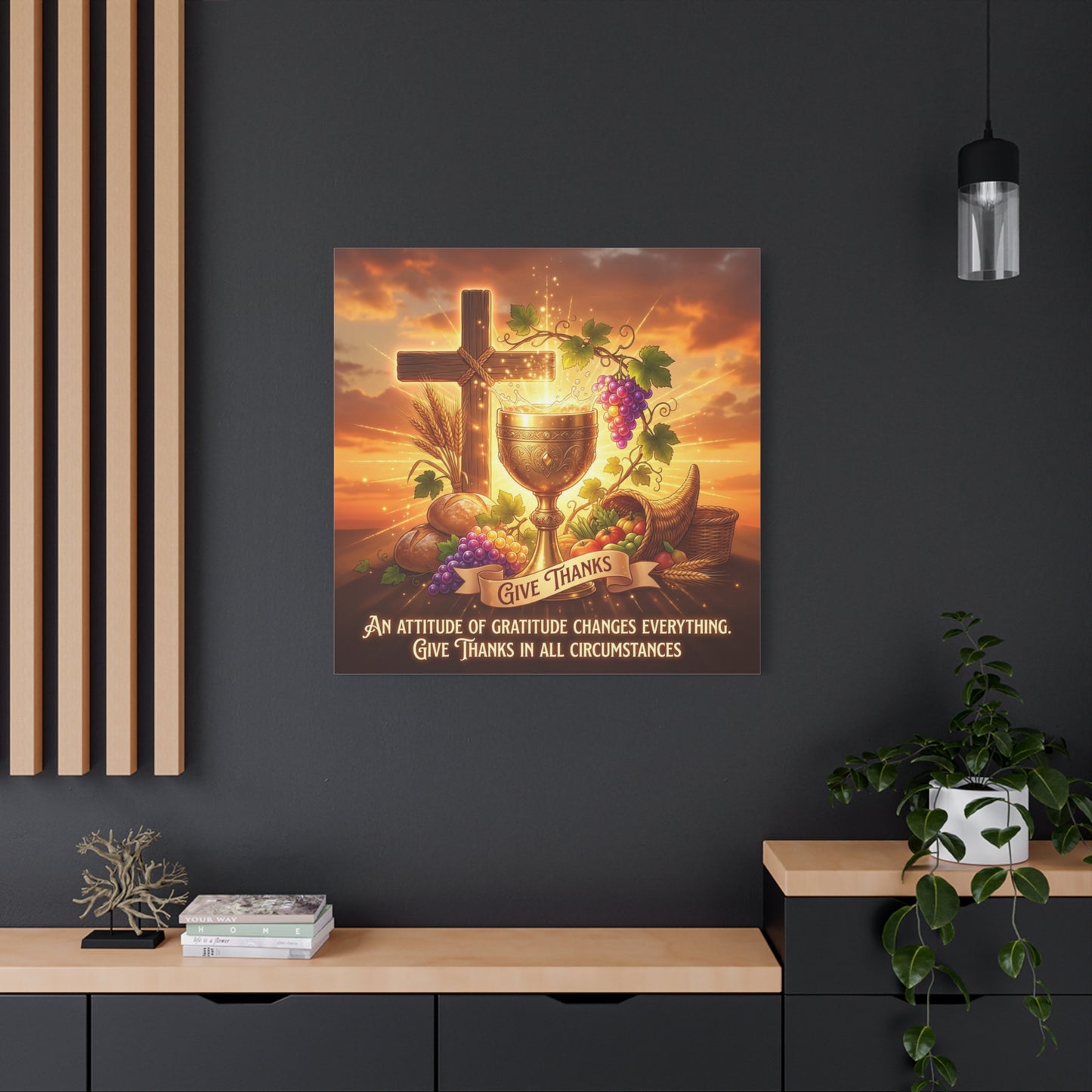 "Give Thanks" Christian Canvas Wall Art - Cross, Communion Chalice, Grapes, Bread - Gratitude Scripture Decor, Matte Cotton Print - Ready to Hang