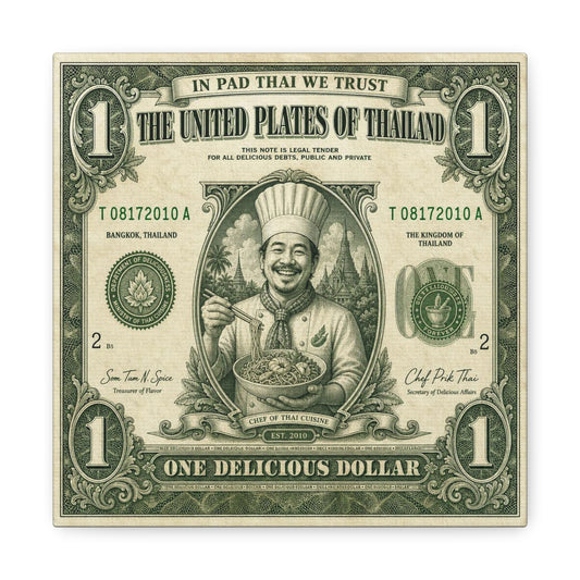 "In Pad Thai We Trust" Typography Canvas Wall Art - Vintage Thai Currency Illustration, Chef Portrait, Bangkok Thailand Food Poster Style - Kitchen Wall Decor, Dining Room Accent - Ready to Hang