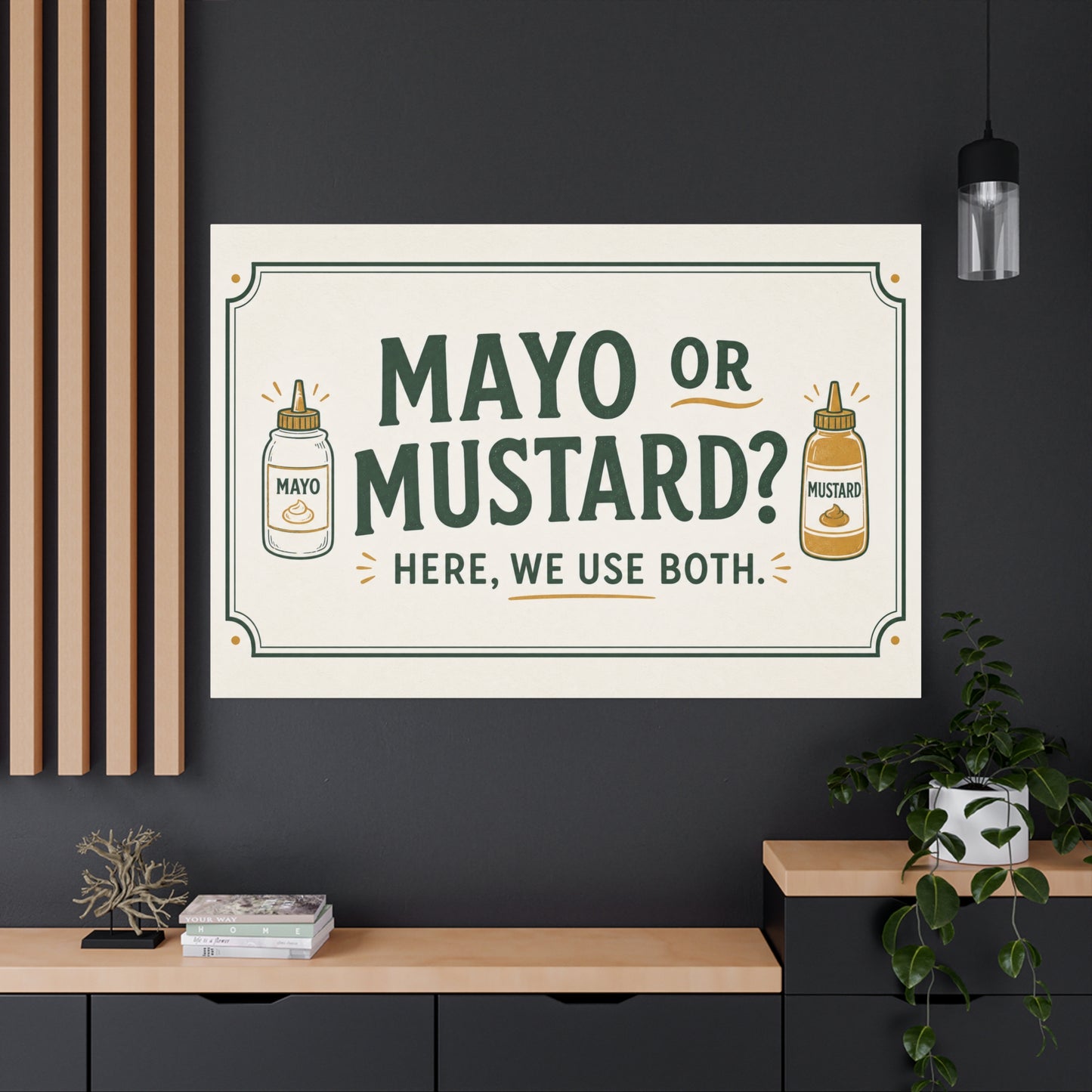 "Mayo Or Mustard Here, We Use Both." Funny Kitchen Canvas Wall Art - Condiment Quote Print, Retro Typography Food Decor, Farmhouse Dining Room Decoration - Living Room Wall Decor - Ready to Hang