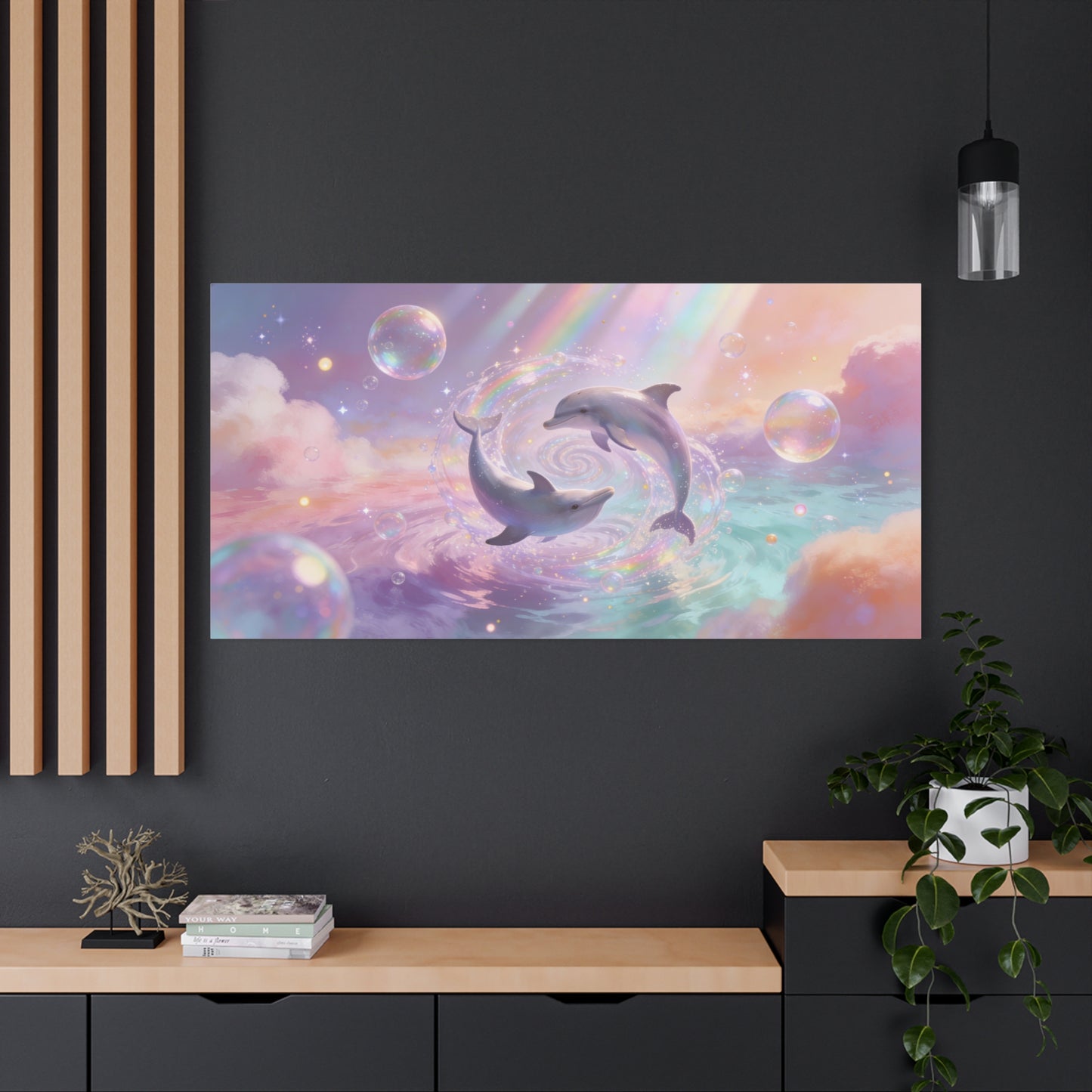 Dolphin Canvas Wall Art - Dreamy Ocean Swirl, Pastel Sky And Rainbow Light - Cotton Canvas Print - Whimsical Contemporary Style - Living Room Wall Decor, Bedroom Home Accent - Bedroom Home Decoration