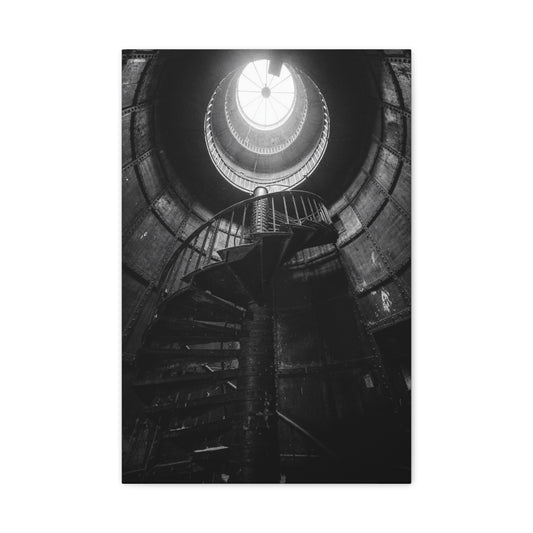 Black And White Spiral Staircase Canvas Wall Art - Architectural Art Print, Industrial Contemporary Style, Moody Home Decor, Home Office Wall Art, Living Room Accent - Modern Farmhouse Style