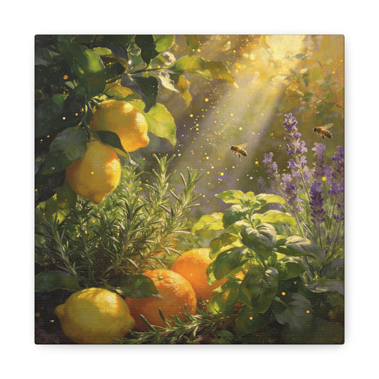 Lemon Herb Garden Canvas Wall Art - Bees, Lavender, Rosemary, Sunlit Botanical Painting - Matte Cotton Print, Rustic Farmhouse Style - Kitchen Wall Decor, Dining Room Accent - Bedroom Home Decoration