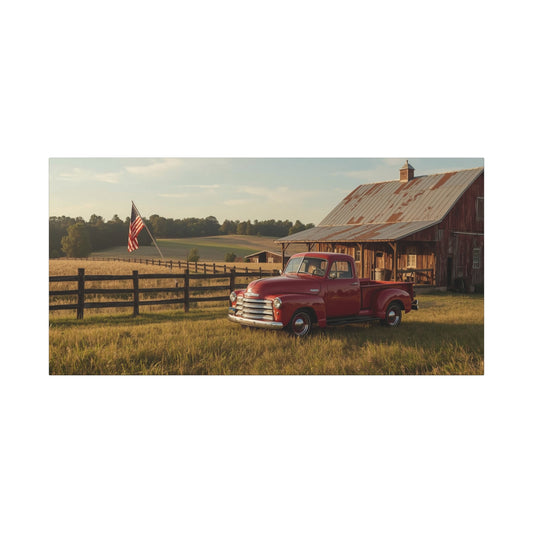Red Vintage Pickup Truck Canvas Wall Art - Rustic Barn, American Flag Farm Landscape - Country Art Print, Traditional Style - Living Room Wall Decor, Office Art Accent - Modern Farmhouse Style