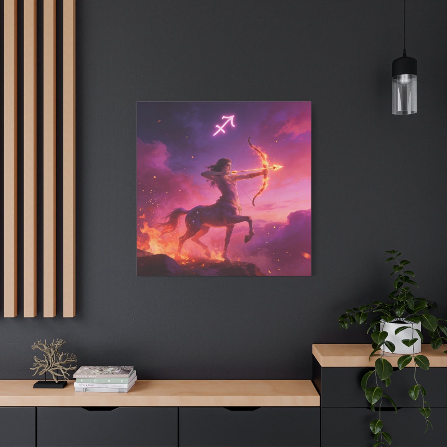 Sagittarius Centaur Archer Canvas Wall Art - Zodiac Fantasy Fire Bow Illustration - Purple Pink Matte Canvas Print - Bedroom Home Decoration, Living Room Wall Decor, Celestial Decor - Ready to Hang