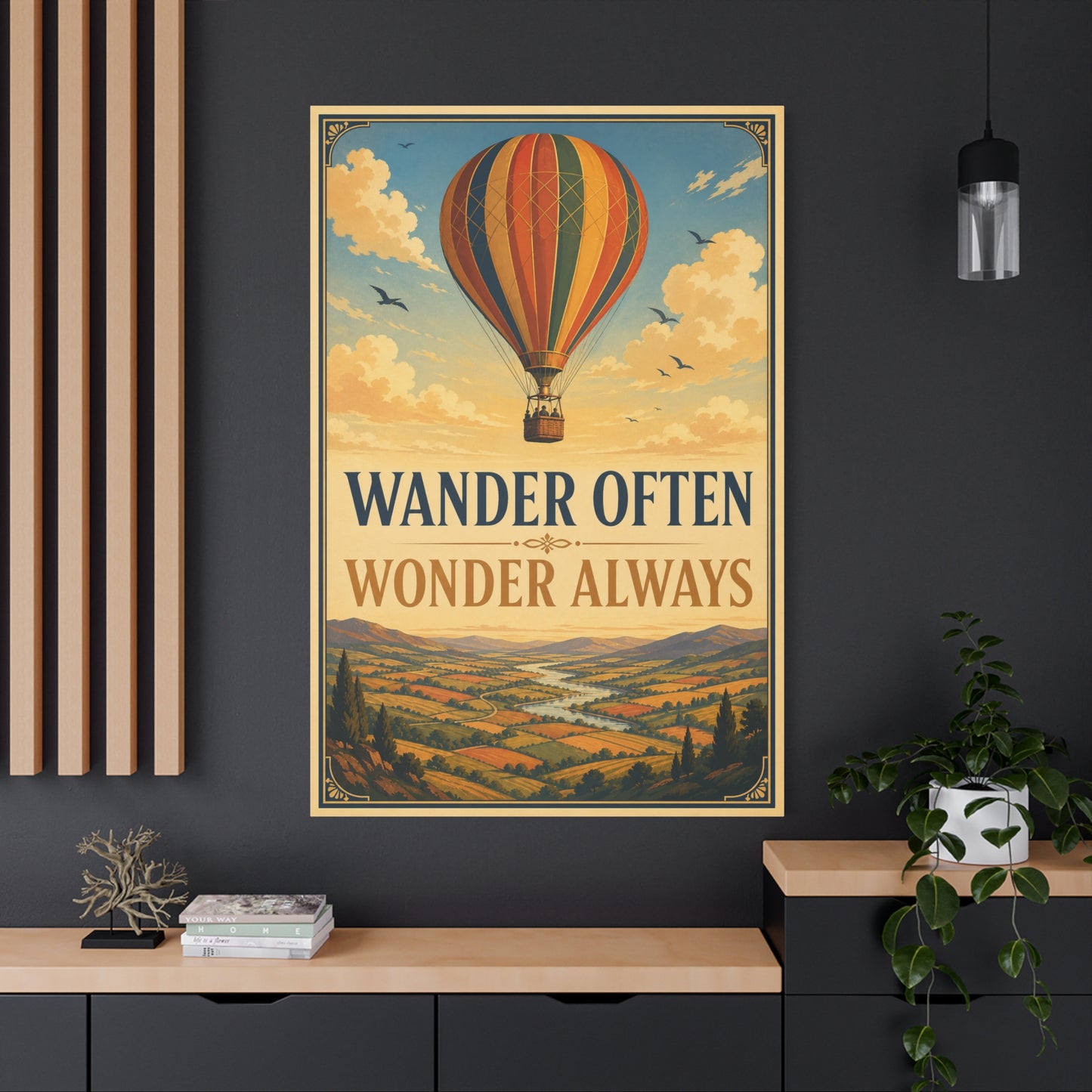 "Wander Often Wonder Always" Hot Air Balloon Canvas Wall Art - Vintage Travel Landscape Quote Print, Retro Sky Poster Style, Living Room Wall Decor - Ready to Hang - Bedroom Home Decoration
