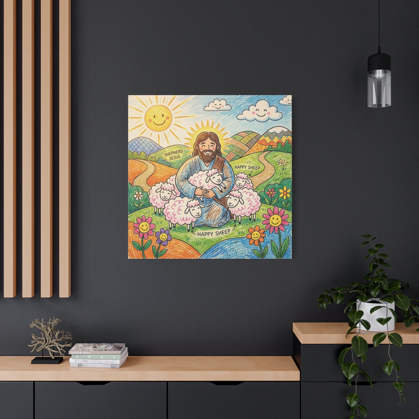 "Shepherd Jesus" "Happy Sheep" Jesus Canvas Wall Art - Christian Kids Nursery Decor, Colorful Religious Print - Matte Cotton Canvas - Playroom Bedroom Classroom Decoration - Living Room Wall Decor
