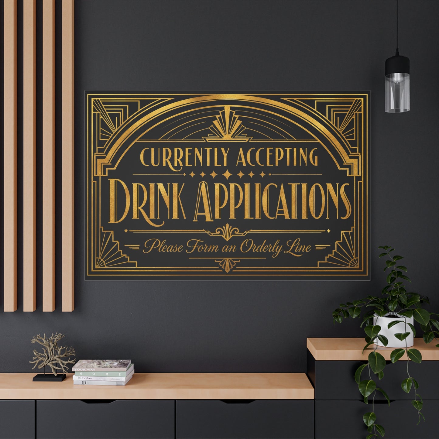 "Currently Accepting Drink Applications" Canvas Wall Art - Art Deco Typography Bar Sign, Black And Gold Humor Decor, Vintage Cocktail Lounge Style, Home Bar Accent - Ready to Hang - Tavern Wall Decor