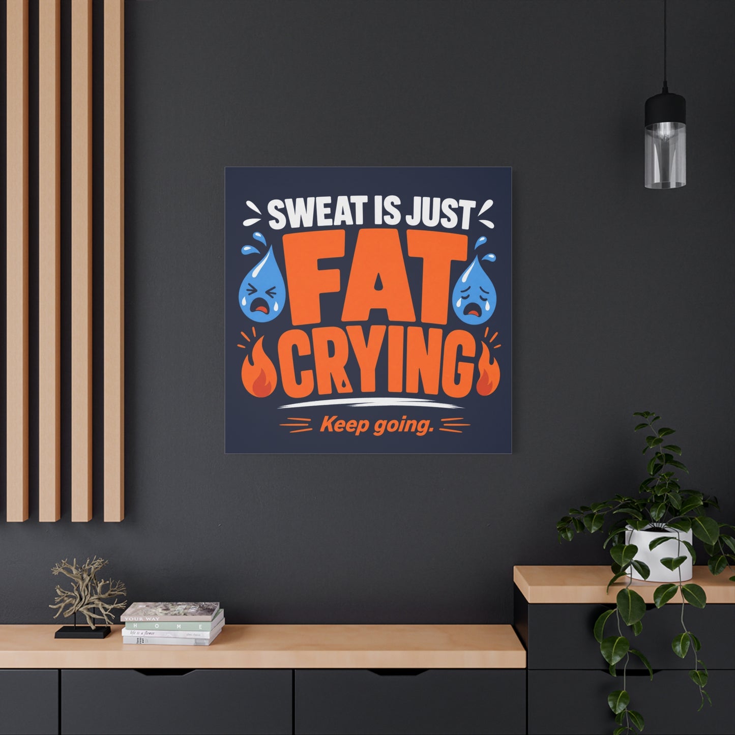 "Sweat Is Just Fat Crying Keep Going" Typography Canvas Wall Art - Funny Gym Motivation Quote Print, Navy Orange Blue Workout Decor - Modern Home Office Wall Decor - Ready to Hang - Ready to Hang