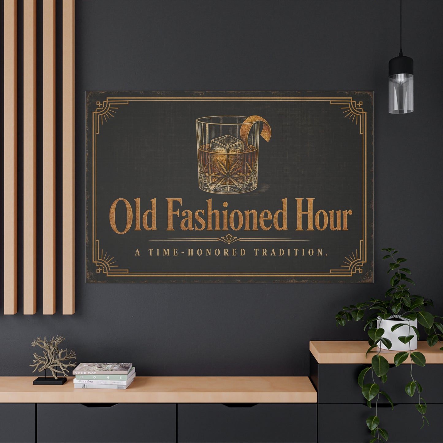 "Old Fashioned Hour" Canvas Wall Art - Vintage Whiskey Glass Quote Print, Art Deco Bar Cart Decor - Matte Cotton Wall Hanging - Speakeasy Lounge Style, Home Bar - Ready to Hang - Cocktail Lounge Decor