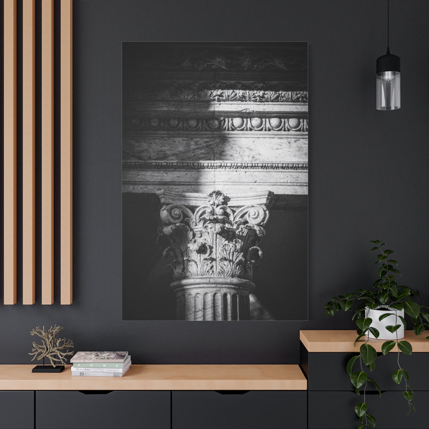 Black And White Corinthian Column Canvas Wall Art - Architectural Art Print, Dramatic Light And Shadow, Matte Cotton Decor - Minimalist Living Room Wall Decor, Office Art - Ready to Hang