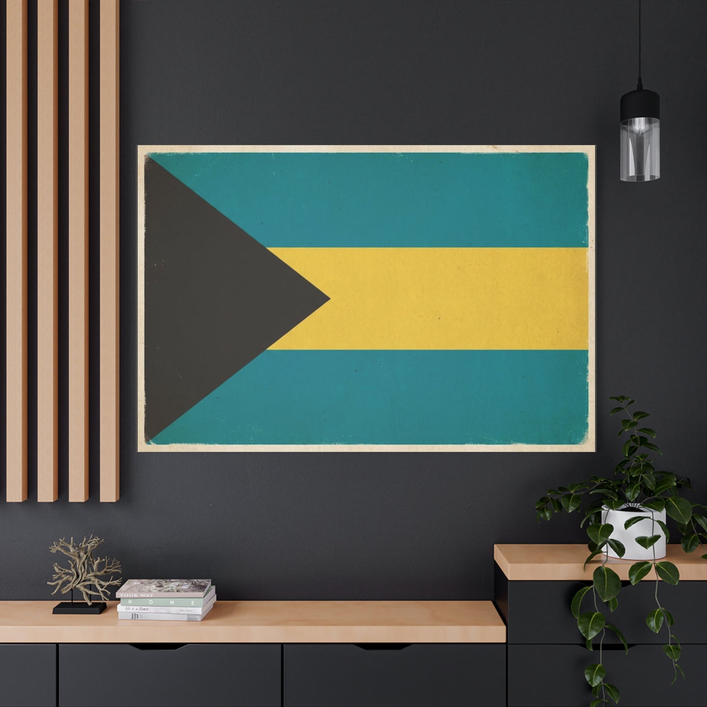 Bahamas Flag Canvas Wall Art - Vintage Caribbean National Flag Print, Blue Yellow Black Geometric Design - Coastal Decor - Living Room Home Decoration - Living Room Wall Decor - Modern Farmhouse Style