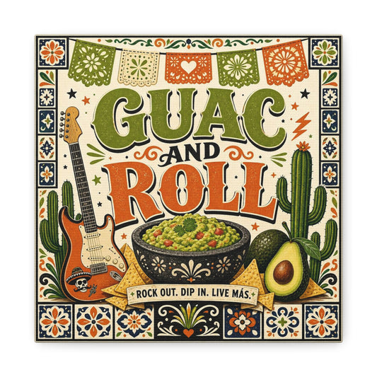 "Guac And Roll" Typography Canvas Wall Art - Fiesta Guitar, Cactus, Avocado Folk Illustration - Bohemian Rustic Style - Kitchen Wall Decor, Dining Room Accent, Cafe Wall Decor - Modern Farmhouse Style