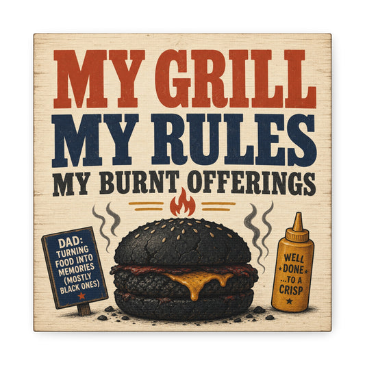 "My Grill My Rules My Burnt Offerings" Funny BBQ Canvas Wall Art - Burnt Burger Grill Sign, Rustic Farmhouse Kitchen Decor, Patriotic Red Blue Typography Print - Man Cave Wall Decor - Ready to Hang