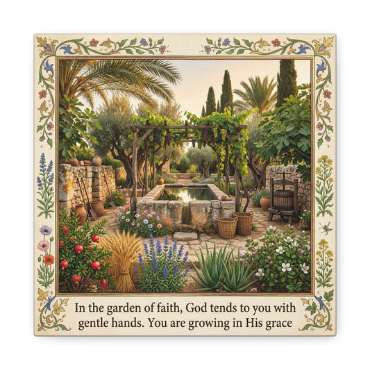 "In The Garden Of Faith, God Tends To You" Canvas Wall Art - Biblical Garden Scripture Print, Floral Border, Rustic Mediterranean Courtyard Scene - Christian Home Decor For Living Room - Ready to Hang
