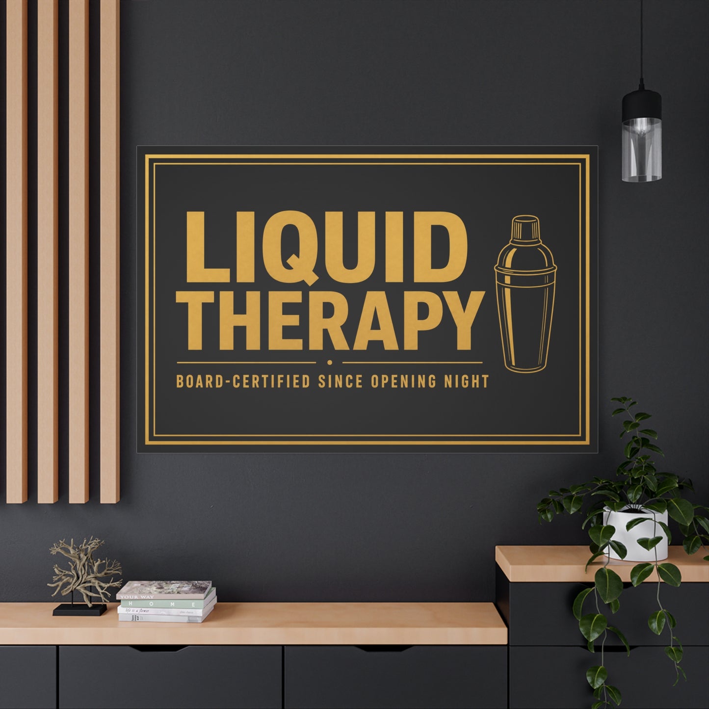 "Liquid Therapy" Cocktail Canvas Wall Art - Board-Certified Since Opening Night Bar Quote Print, Black And Gold Typography, Modern Lounge Decor - Pub Wall Art - Cocktail Lounge Decor - Ready to Hang
