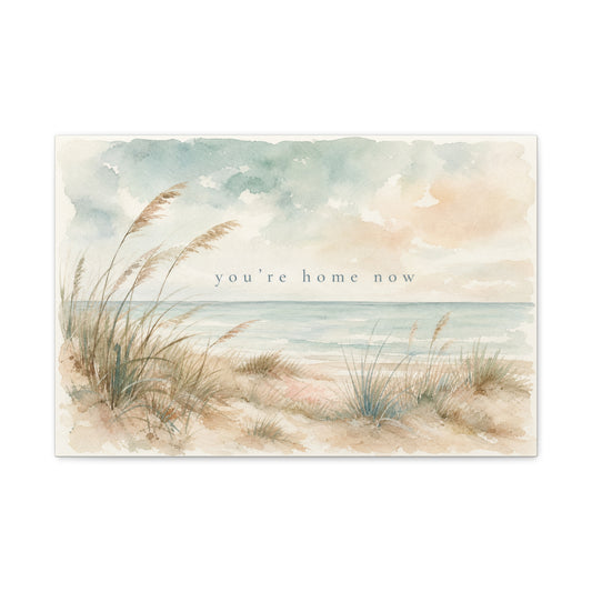 "You'Re Home Now" Coastal Canvas Wall Art - Beach Dune Watercolor Seascape - Soft Blue Beige Shore Scene - Traditional Coastal Style - Living Room Wall Decor, Bedroom Home Decoration - Ready to Hang