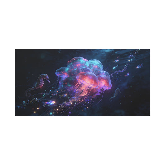 Glowing Jellyfish Canvas Wall Art - Luminous Underwater Sea Life, capiz shells wall decor - Dreamy Ocean Fantasy Cotton Canvas Print - Contemporary Bedroom Living Room Decor - Bedroom Home Decoration