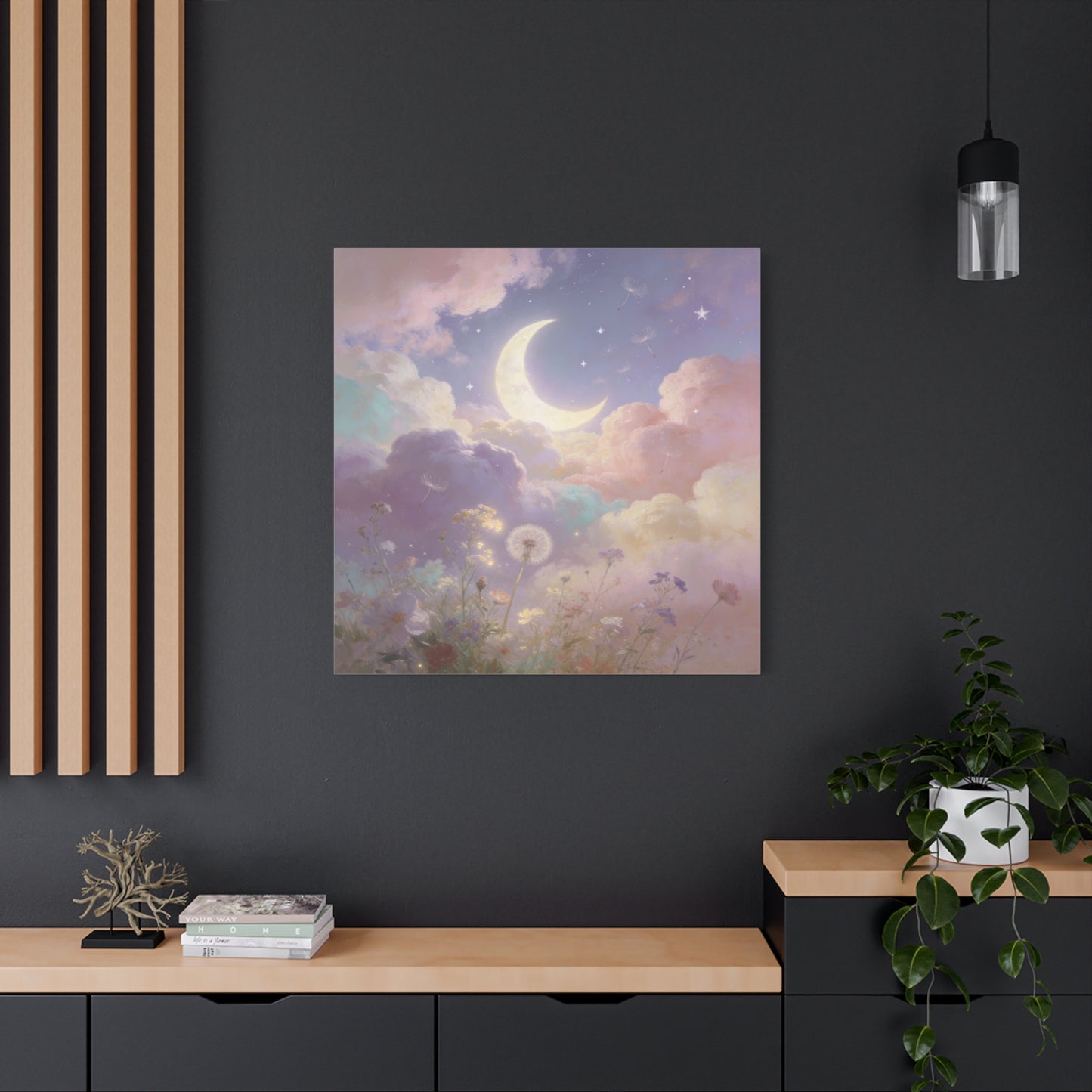 Crescent Moon Canvas Art Print - Dreamy Pastel Clouds, Dandelion Sky, Celestial Floral Scene - Cotton Matte Artwork - Lavender Nursery Accent, Bedroom Decoration, Meditation Space Decor