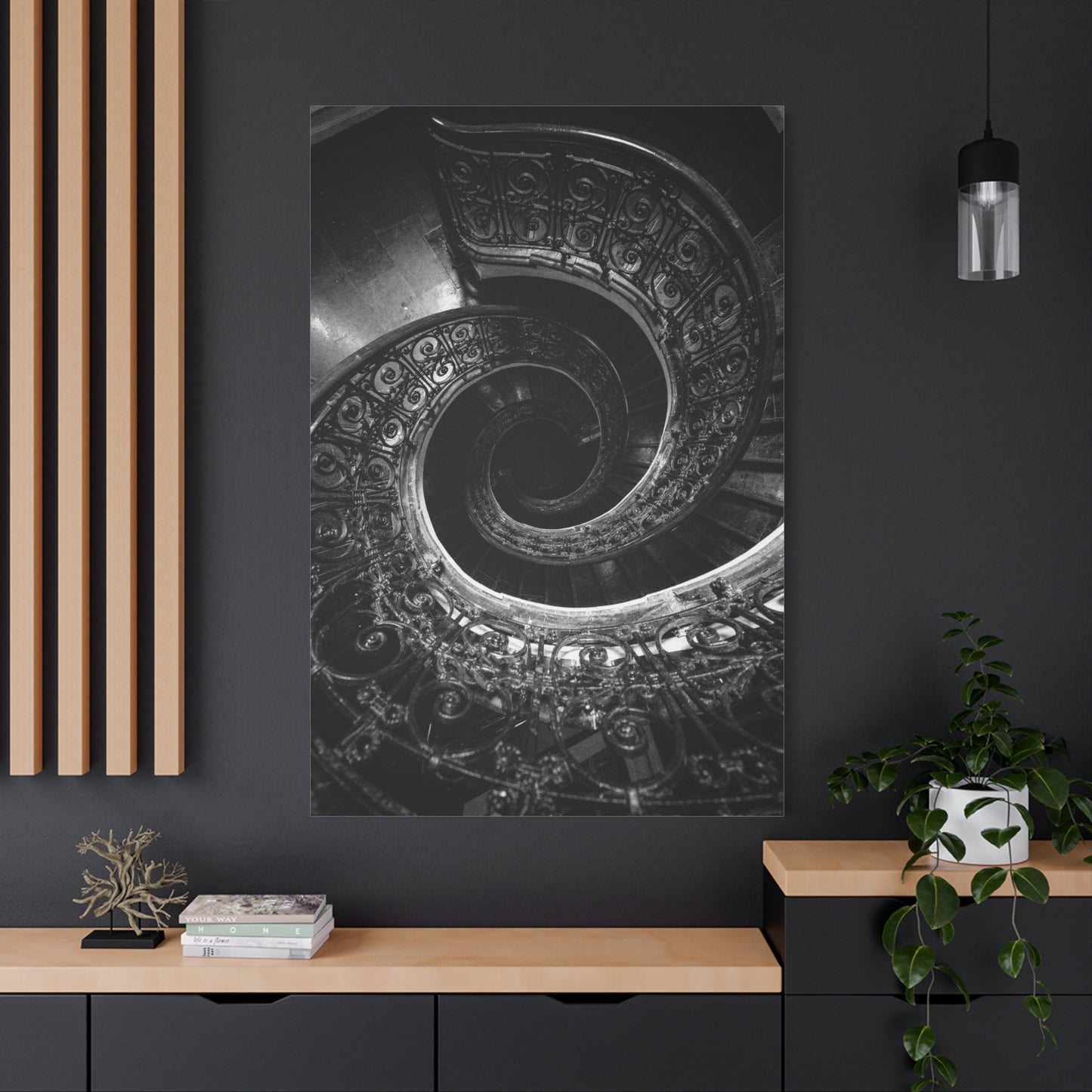 Black And White Spiral Staircase Canvas Wall Art - Architectural Art Print, Moody Monochrome Interior, Modern Minimalist Style - Office Wall Decor, Living Room Accent - Bedroom Home Decoration