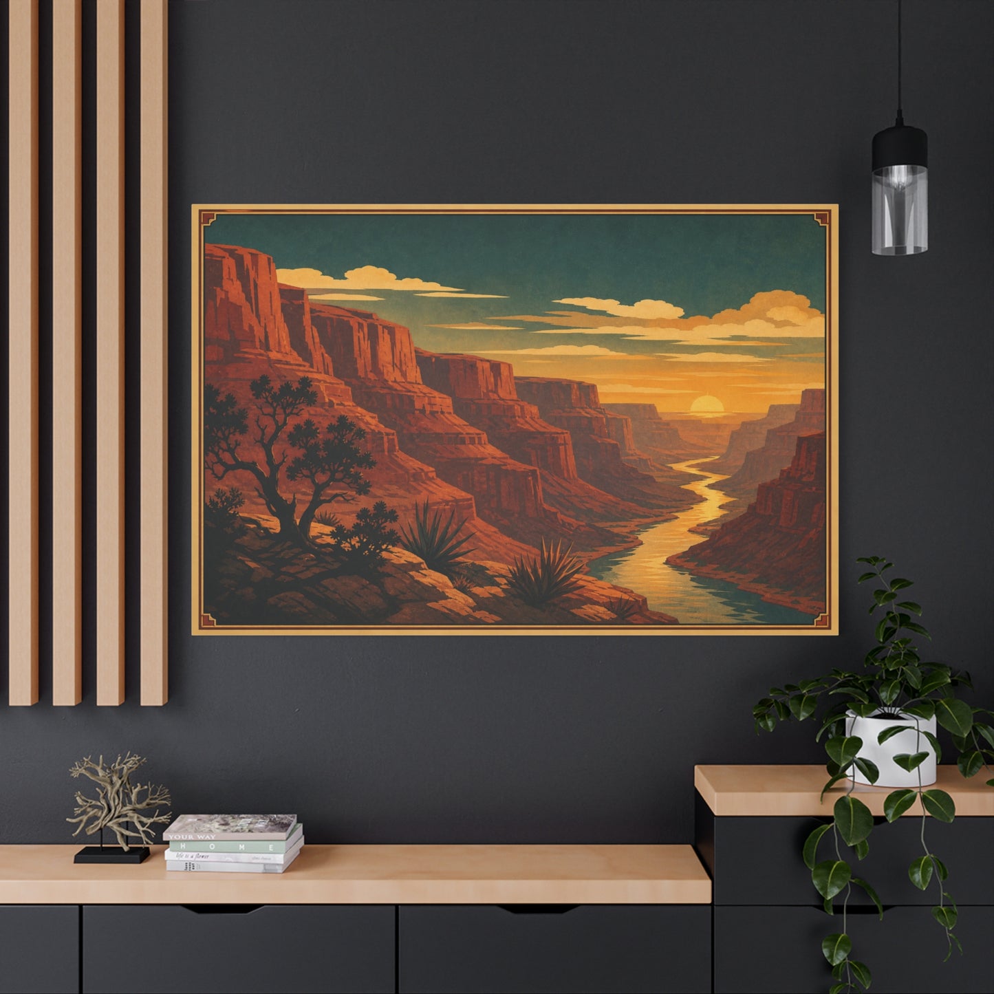 Desert Canyon Sunset Canvas Wall Art - Southwestern River Landscape Print, Vintage Travel Style - Golden Sky, Rustic Home Decor, Living Room Decoration - Ready to Hang - Living Room Wall Decor