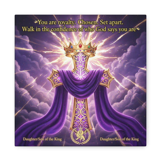 "You Are Royalty. Chosen. Set Apart." Christian Canvas Wall Art - Crowned Cross With Purple Draped Cloth, Daughter Son Of The King Quote - Religious Wall Decor For Bedroom, Office - Ready to Hang