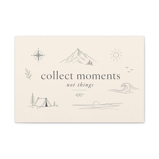 "Collect Moments Not Things" Minimalist Canvas Wall Art - Mountain, Compass, Wave Line Drawing - Neutral Typography Print - Boho Modern Wall Decor For Living Room, Bedroom, Office Accent