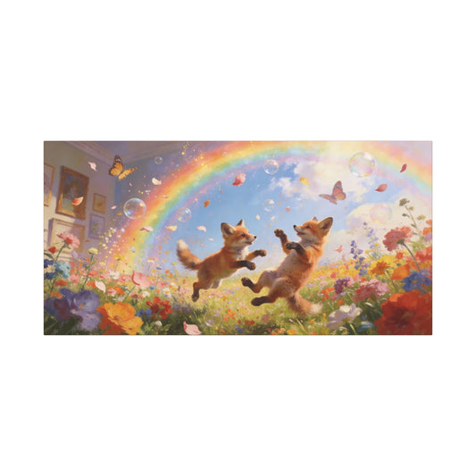 Fox Cub Canvas Wall Art - Whimsical Rainbow Meadow Painting, Butterflies And Wildflowers - Matte Canvas Print - Bohemian Nursery Wall Hanging, Bedroom Home Decoration Accent - Bedroom Home Decoration