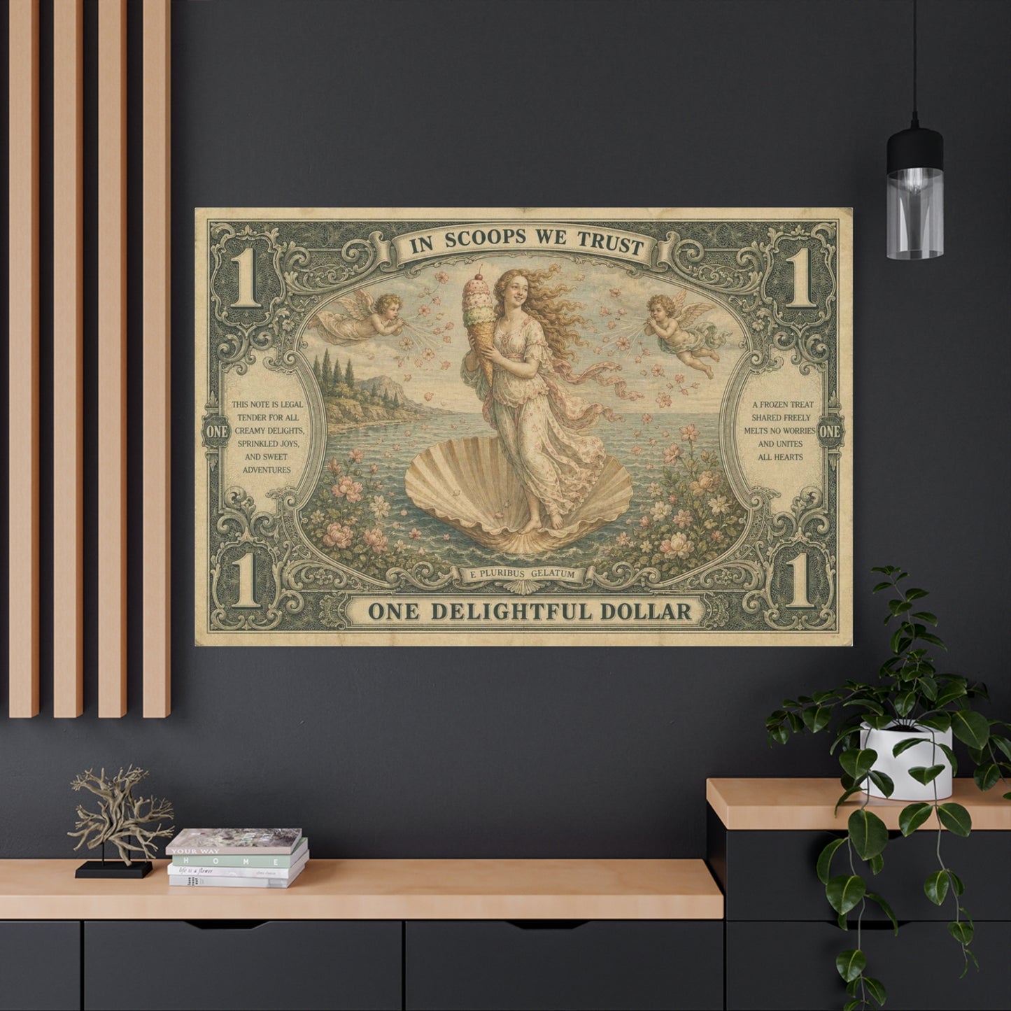 "In Scoops We Trust" Ice Cream Venus Canvas Wall Art - Vintage Parody Currency Print, Mythological Seaside Illustration, Whimsical Retro Decor, Living Room Bedroom Office Accent - Office Wall Art