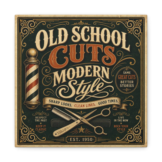 "Old School Cuts Modern Style" Barber Shop Canvas Wall Art - Vintage Typography Sign, Barbershop Pole, Razor And Scissors Illustration - Rustic Retro Decor - Salon Wall Accent, Lobby Display