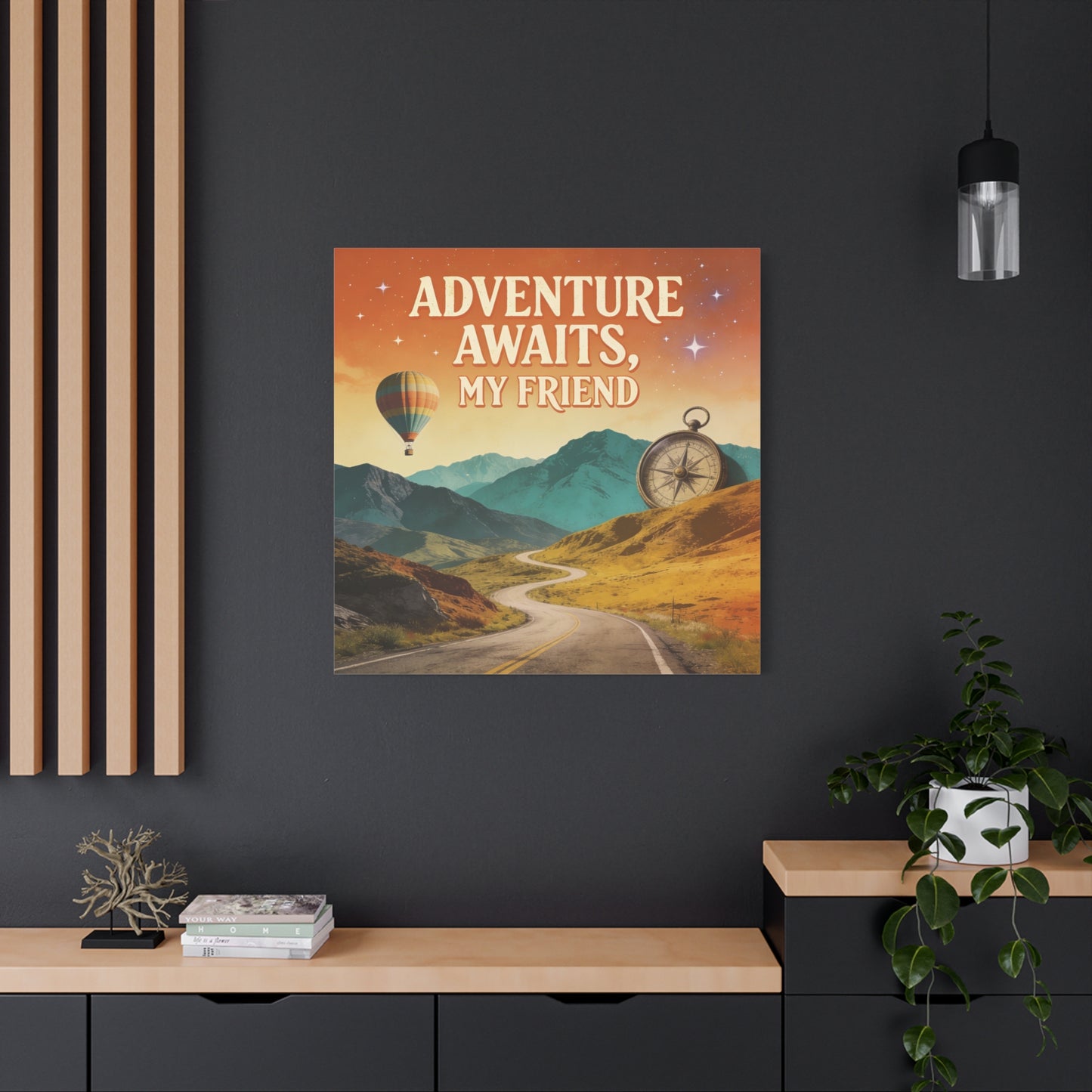 "Adventure Awaits, My Friend" Inspirational Canvas Art Print - Mountain Road, Hot Air Balloon, Compass - Vintage Travel Style, Office Decor, Workspace Accent, Lobby Display, Motivational Art
