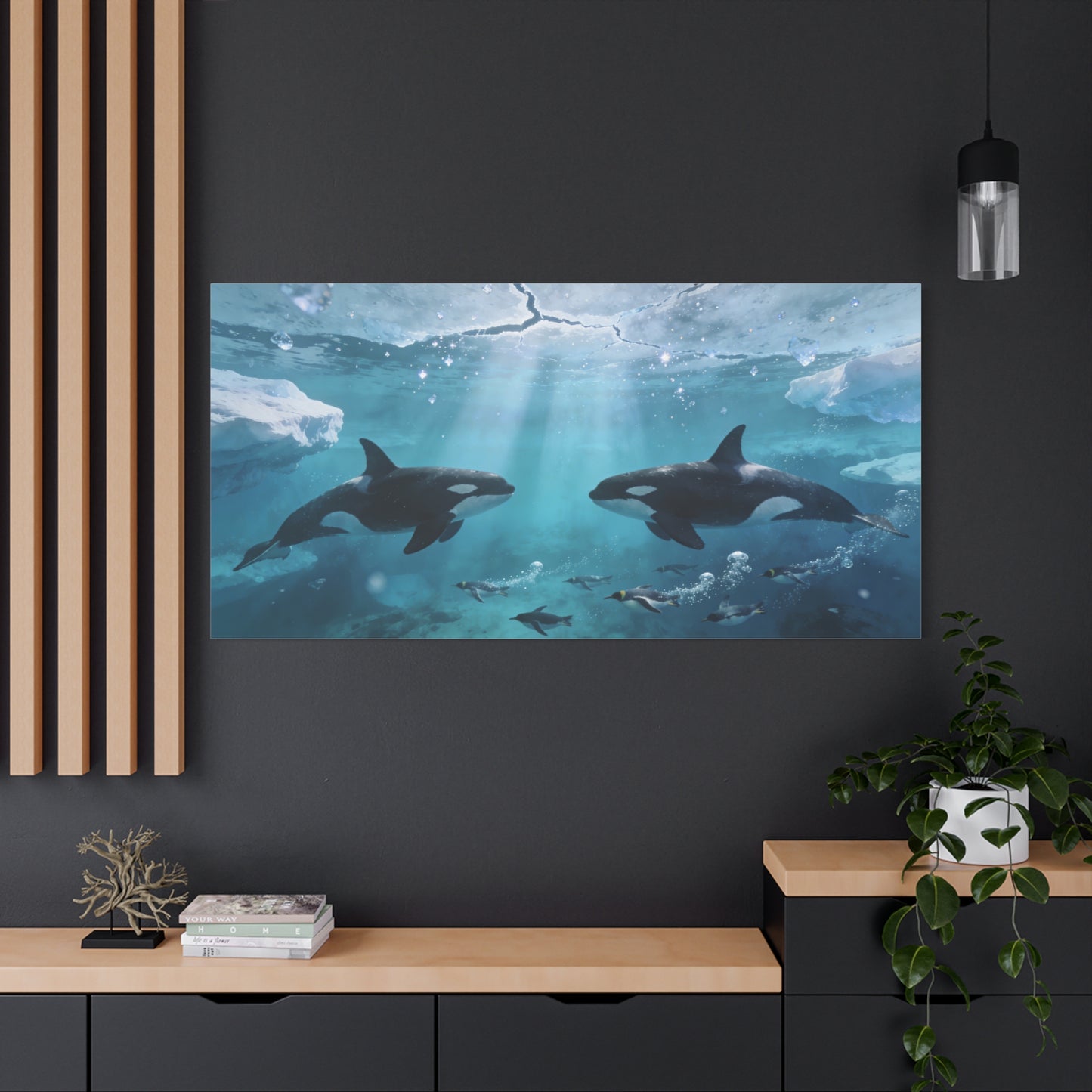 Orca Whale Canvas Wall Art - Arctic Ocean Underwater Scene, Penguins, Sea Ice - Coastal Wildlife Decor - Matte Canvas Print - Living Room Wall Decor, Bedroom Home Decoration - Bedroom Home Decoration