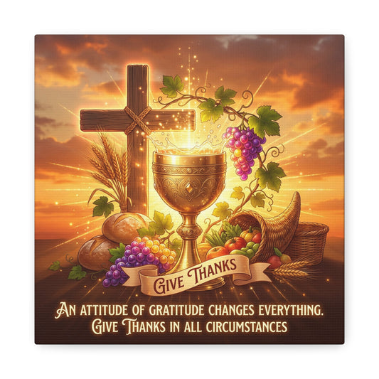 "Give Thanks" Christian Canvas Wall Art - Cross, Communion Chalice, Grapes, Bread - Gratitude Scripture Decor, Matte Cotton Print - Ready to Hang