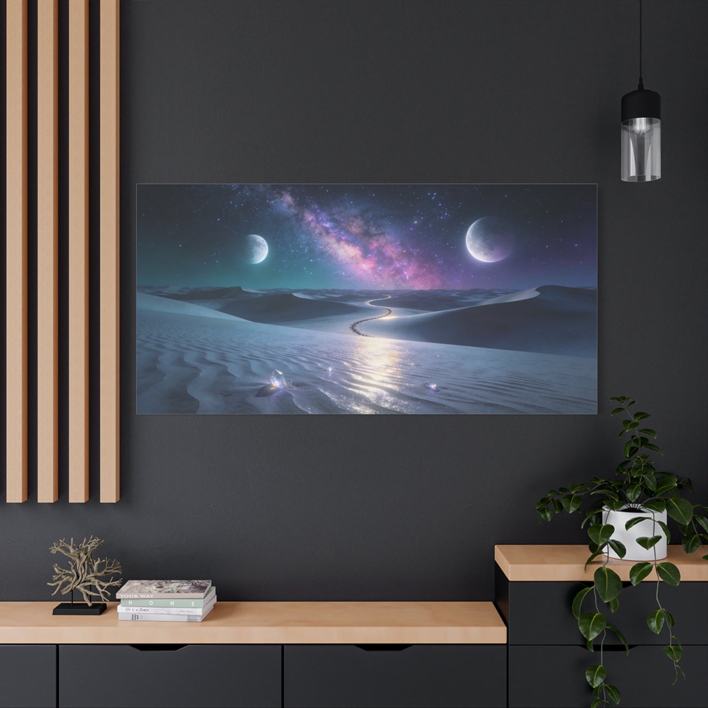 Celestial Desert Canvas Wall Art - Milky Way, Twin Moons, Luminous Dunes - Surreal Nightscape Cotton Print - Contemporary Style, Bedroom Home Decoration, Office Wall Decor - Bedroom Home Decoration