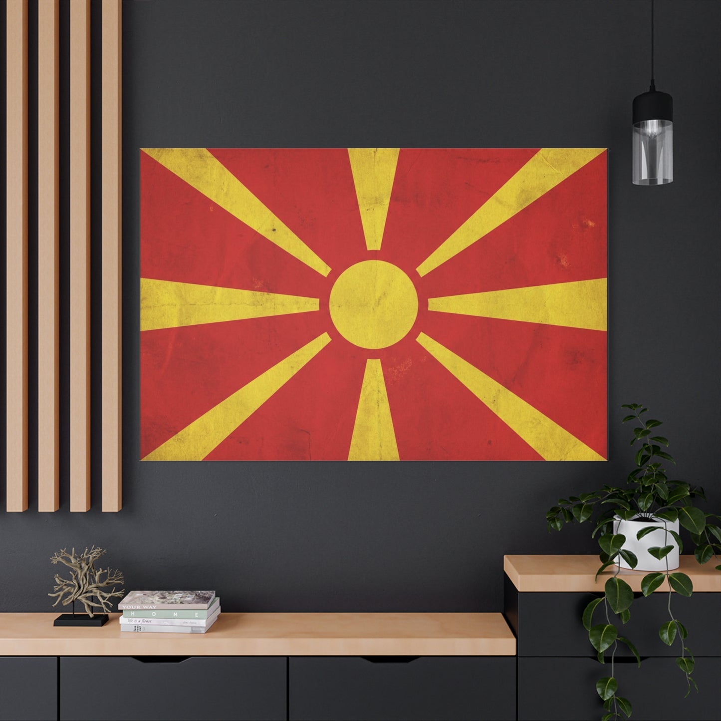 North Macedonia Flag Canvas Wall Art - Vintage Sunburst National Banner Print - Red And Yellow Patriotic Decor - Retro Country Pride Style - Living Room Wall Decor - Bedroom Home Decoration