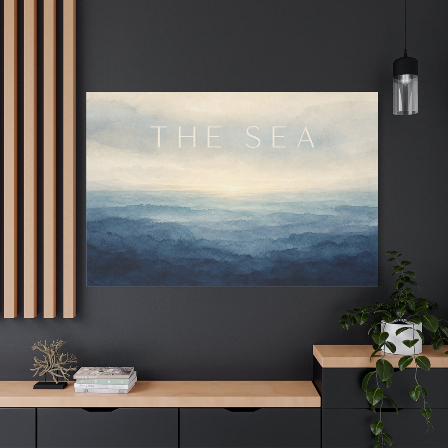 "The Sea" Coastal Canvas Wall Art - Blue Ocean Horizon Watercolor Typography Print - Serene Minimalist Seascape Decor - Bedroom Wall Hanging, Living Room Home Decoration, Meditation Space