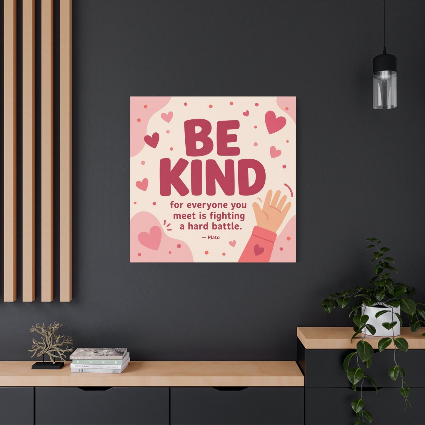"Be Kind For Everyone You Meet Is Fighting A Hard Battle. - Plato" Canvas Wall Art - Pink Heart Typography Print - Inspirational Bedroom Decor - Modern Nursery Wall Hanging - Bedroom Home Decoration