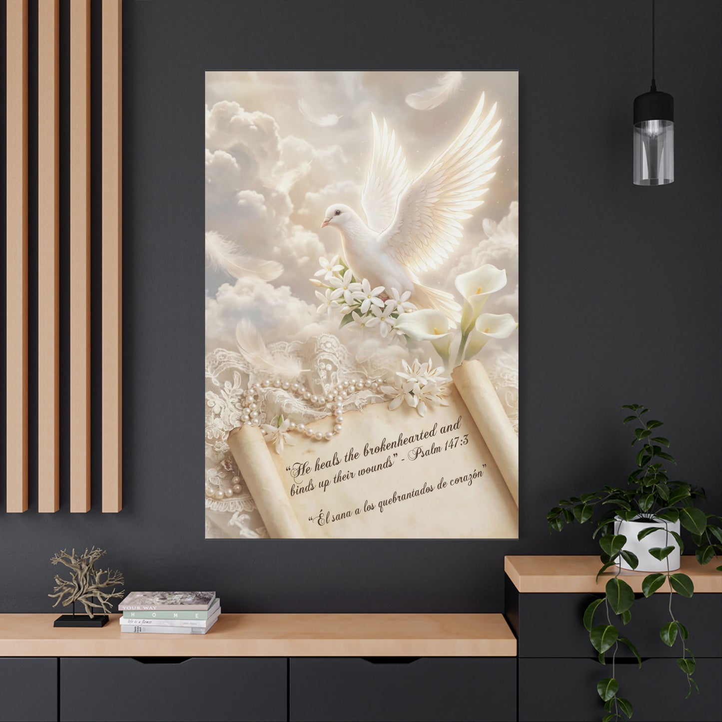 "He Heals The Brokenhearted And Binds Up Their Wounds" Dove Canvas Wall Art - Psalm 147:3 Scripture, White Lily Floral Design - Traditional Religious Decor For Bedroom - Office Wall Art