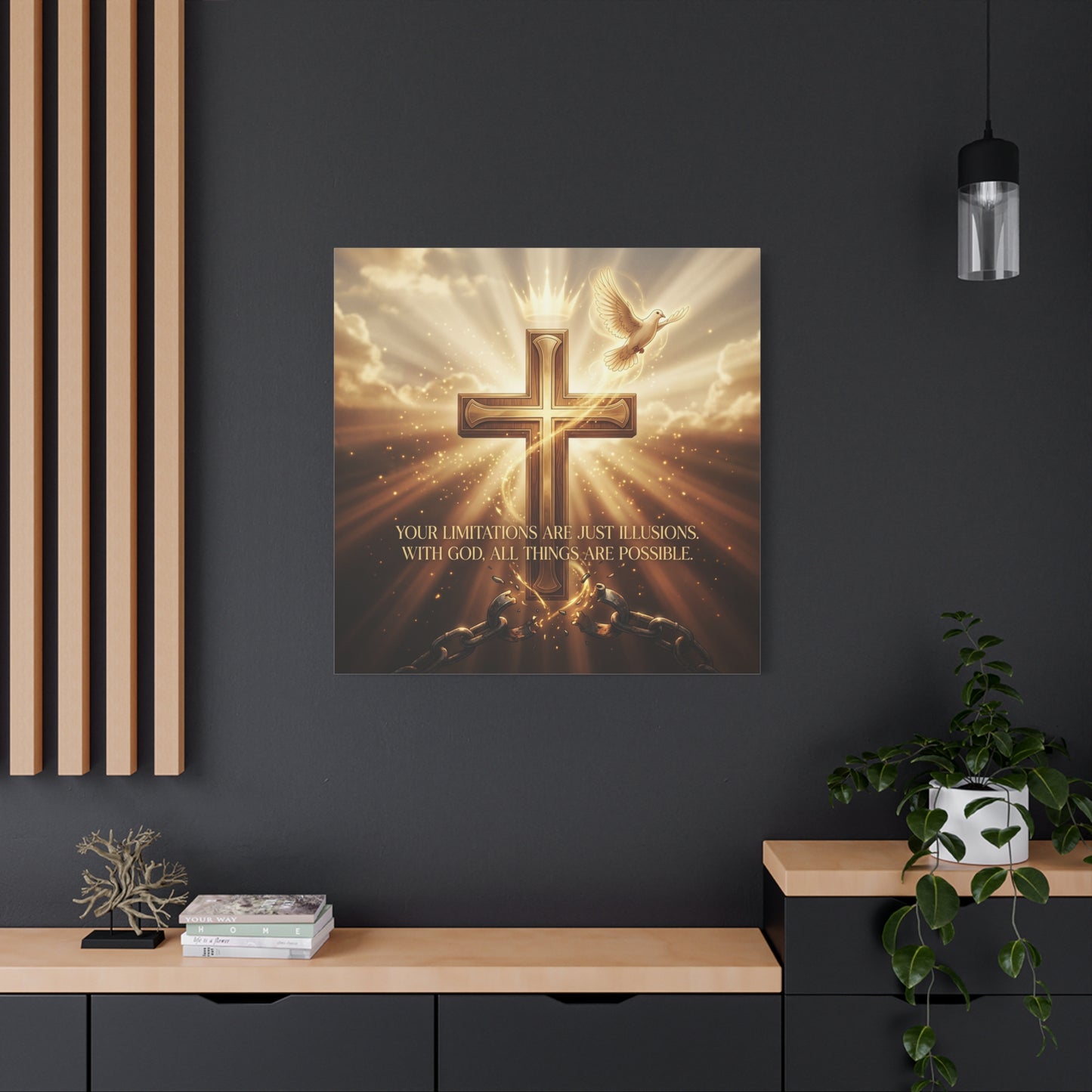 "Your Limitations Are Just Illusions. With God, All Things Are Possible." Christian Canvas Wall Art - Glowing Cross, White Dove, Crown, Broken Chains - Gold Religious Wall Decor For Living Room
