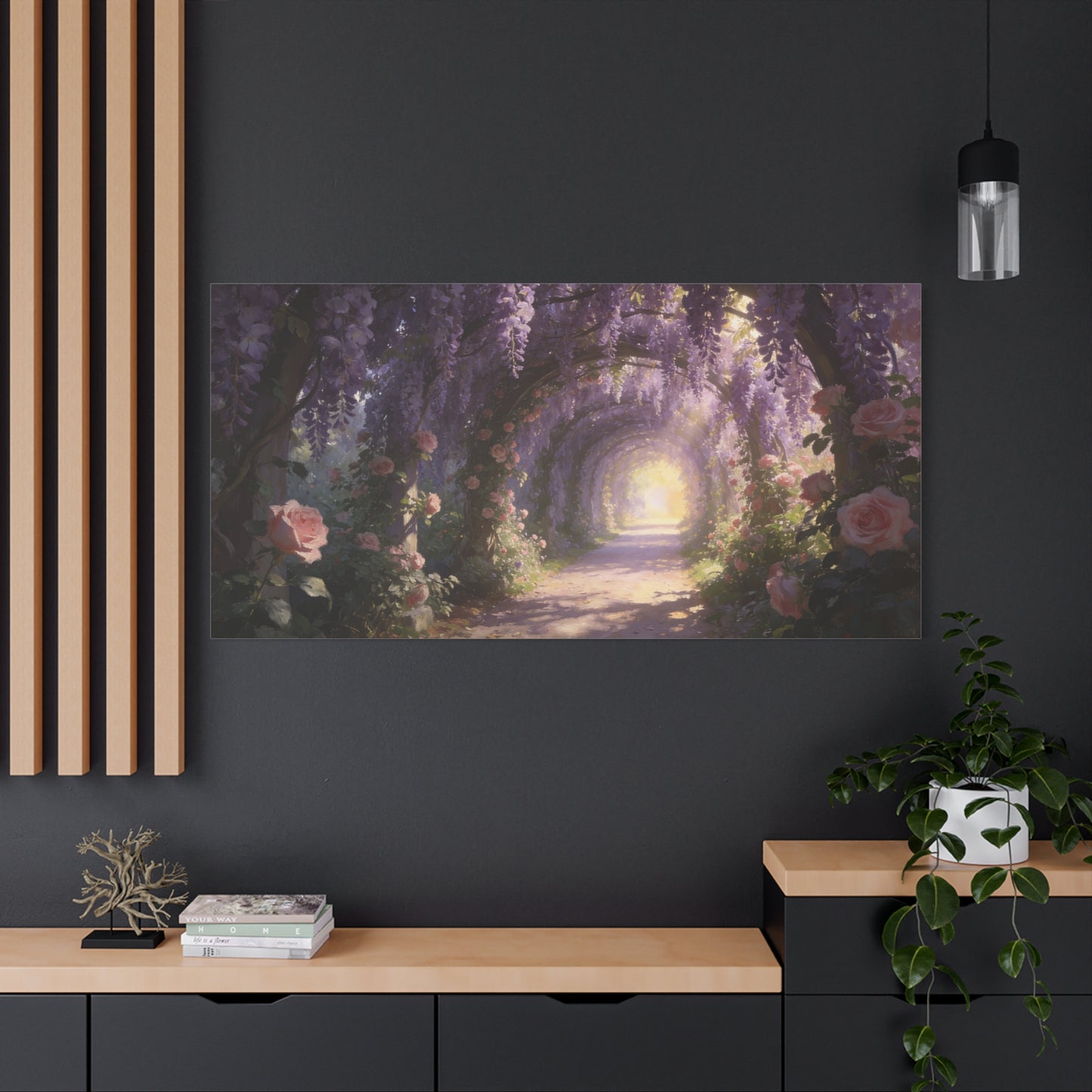 Wisteria Rose Garden Path Canvas Wall Art - Dreamy Floral Tunnel, Luminous Painterly Scene - Gallery Wrapped Cotton Print - Bedroom Wall Decor, Bohemian Home Accent - Bedroom Home Decoration