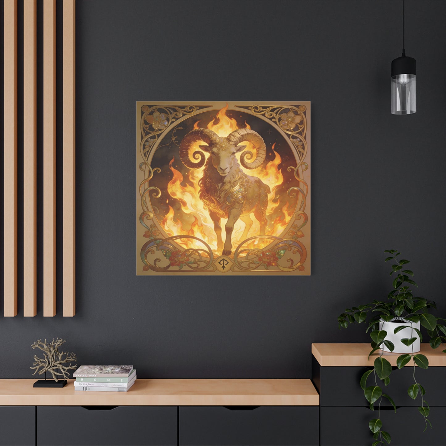 Aries Ram Canvas Wall Art - Fiery Zodiac Illustration, Ornate Gold Nouveau Design - Matte Cotton Art Print - Bohemian Astrology Decor, Bedroom Home Decoration, Office Wall Art - Modern Farmhouse Style