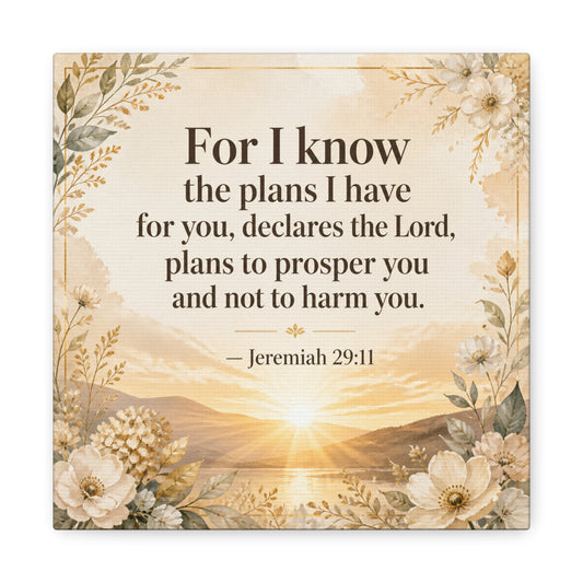 "For I Know The Plans I Have For You" Bible Verse Canvas Wall Art - Jeremiah 29:11 Floral Scripture Print, Gold Sunrise Landscape, Christian Wall Decor For Bedroom, Living Room - Ready to Hang