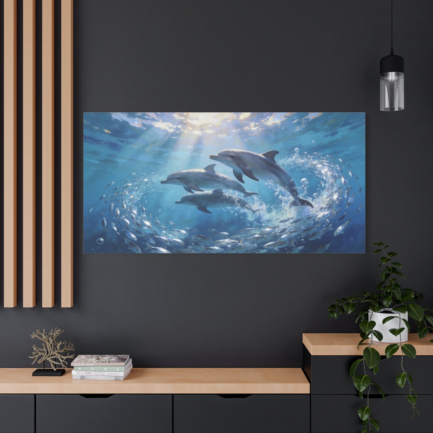 Dolphin Ocean Canvas Wall Art - Blue Underwater Marine Life Scene, Sunbeam Seascape Print - Coastal Style, Serene Living Room Wall Decor, Bedroom Home Decoration Accent - Bedroom Home Decoration