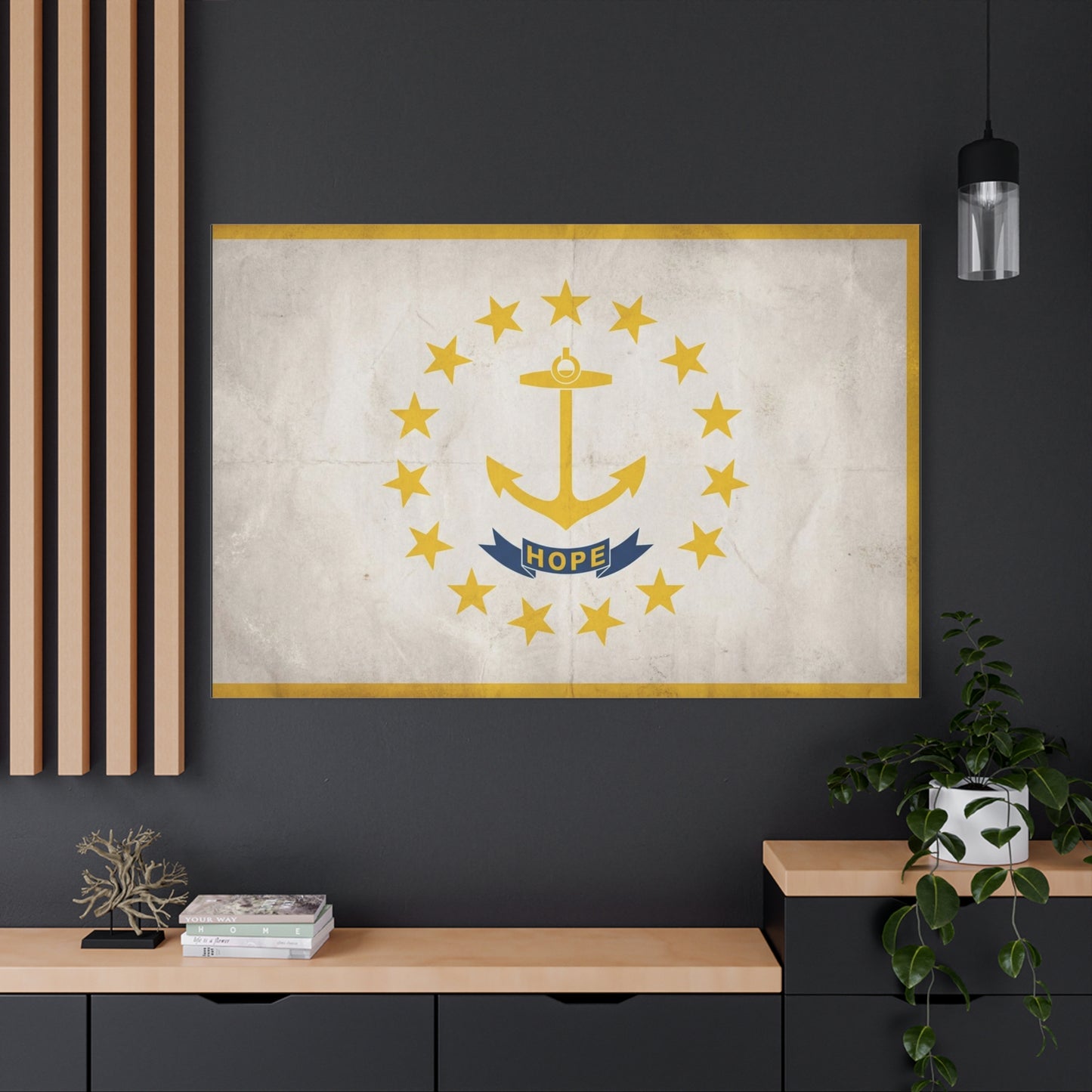 "HOPE" Rhode Island Flag Canvas Wall Art - Anchor And Stars State Print, Vintage Nautical Decor - Minimalist Gold Blue Design - Living Room Wall Decor - Bedroom Home Decoration - Cozy Reading Nook Art
